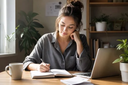 Solo woman entrepreneur working at a home desk deciding whether she needs an LLC