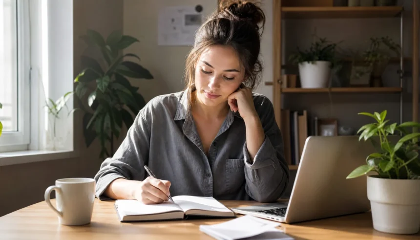 Solo woman entrepreneur working at a home desk deciding whether she needs an LLC