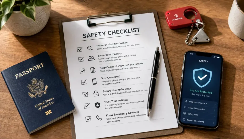 Printable solo female travel accommodation safety checklist with travel documents and security tools