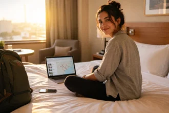 Confident solo female traveler researching safe accommodation on her laptop in a hotel room