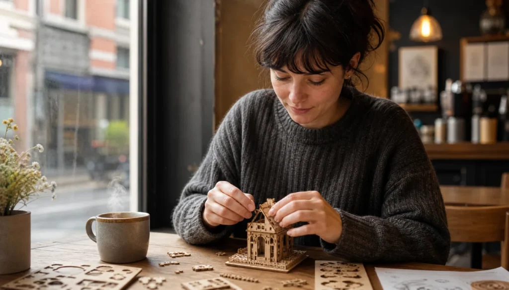 Adult trying a solo hobby by building a simple wooden model kit alone at a café window with a cup of tea