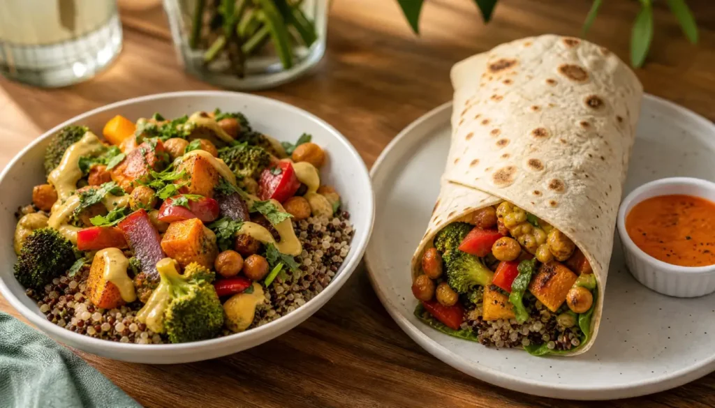 Two different meals made from the same meal prep ingredients: a grain bowl on the left and a veggie wrap on the right