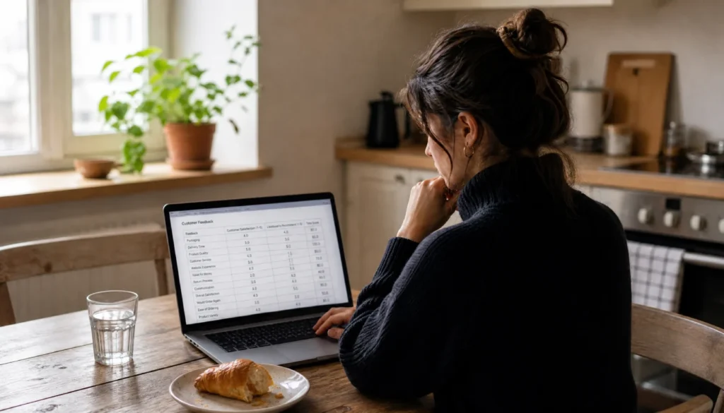 A woman working at her kitchen table on a laptop reviewing customer feedback, representing a solopreneur identifying product-market fit signals in her small business.