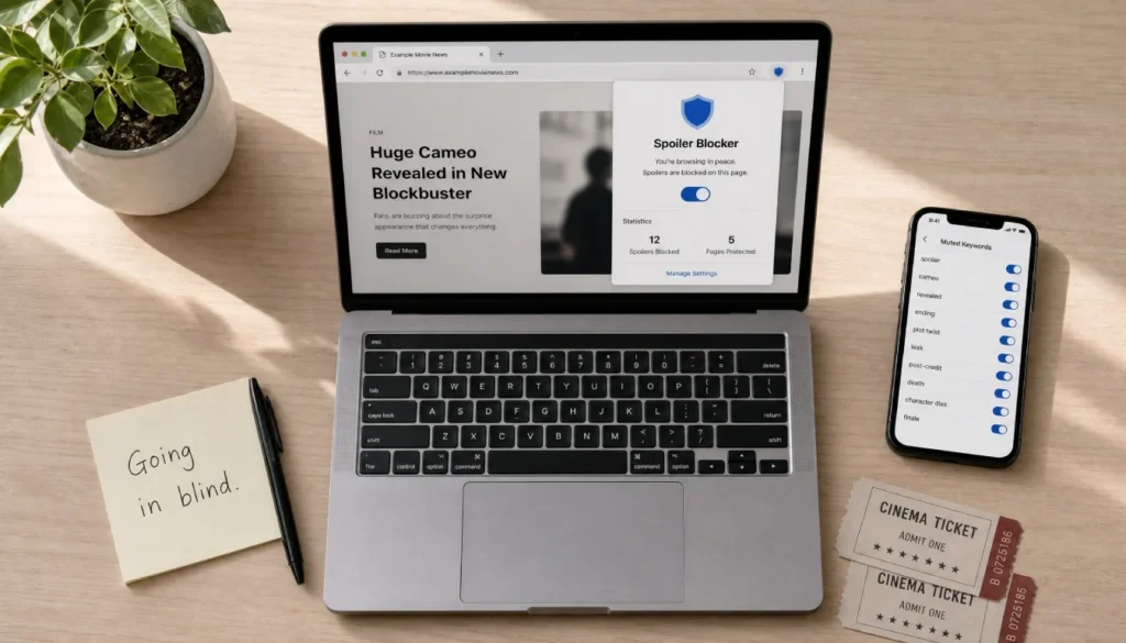 Laptop with spoiler blocking extension, phone with muted keywords, and cinema tickets for a spoiler-free movie experience