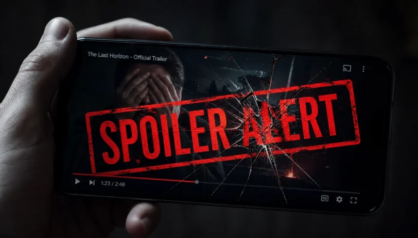 A smartphone paused on a movie trailer with a red SPOILER ALERT stamp cracking the screen, hands covering eyes in frustration