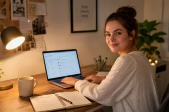 A woman working on her laptop at a cozy home desk in the evening, planning her service-based business after work hours.