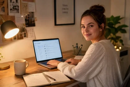 A woman working on her laptop at a cozy home desk in the evening, planning her service-based business after work hours.