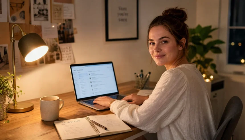 A woman working on her laptop at a cozy home desk in the evening, planning her service-based business after work hours.