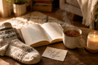 Cosy flat-lay of socks, a book, tea, and a candle on a living room floor for a staycation at home.