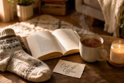 Cosy flat-lay of socks, a book, tea, and a candle on a living room floor for a staycation at home.