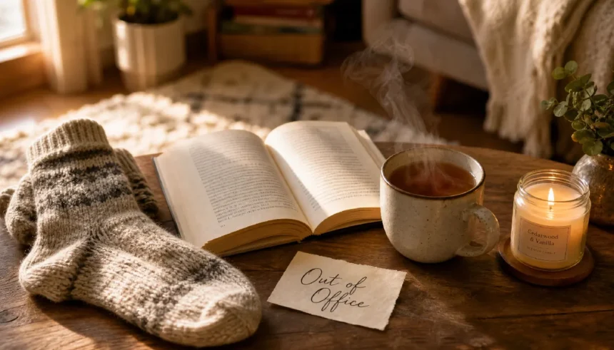 Cosy flat-lay of socks, a book, tea, and a candle on a living room floor for a staycation at home.