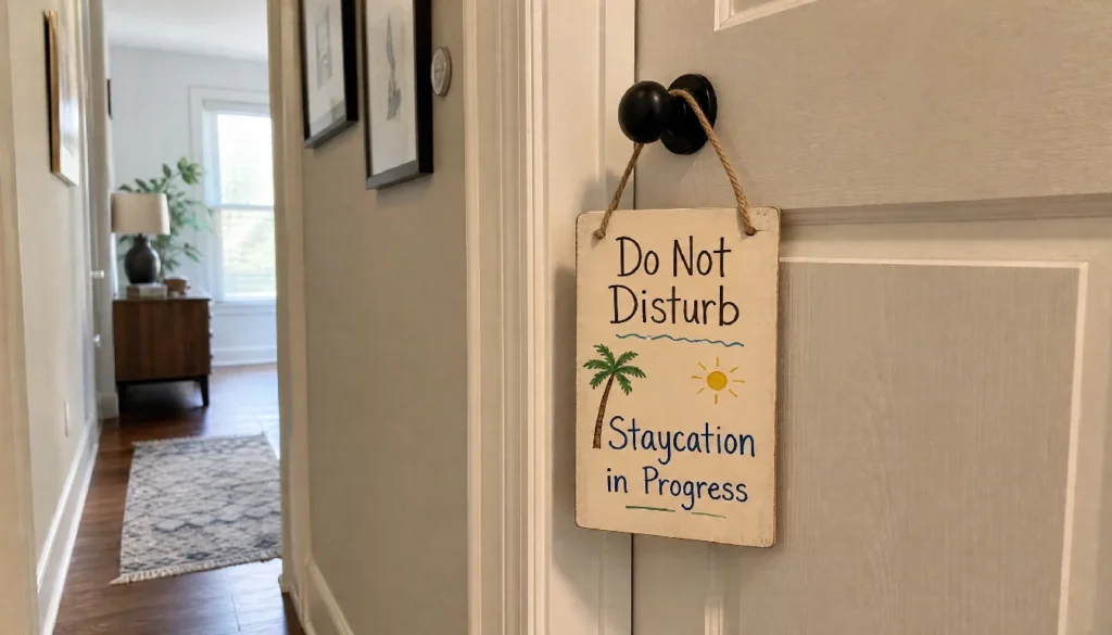 A do not disturb sign on a door during a home staycation.