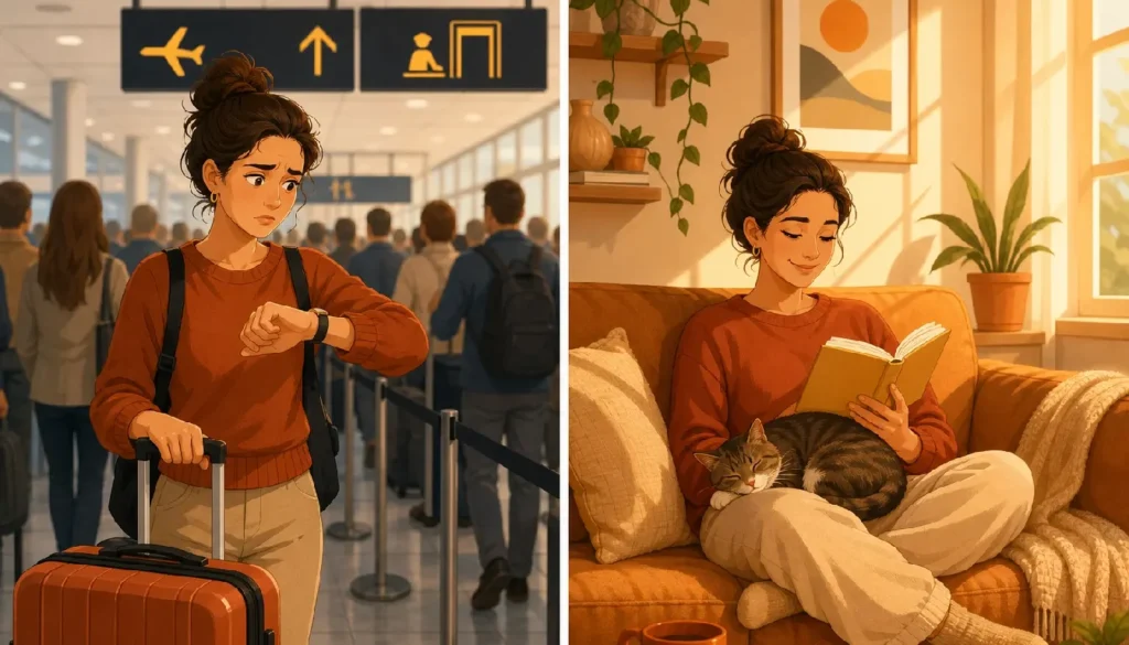 Comparison between a stressful airport travel day and a calm staycation at home.