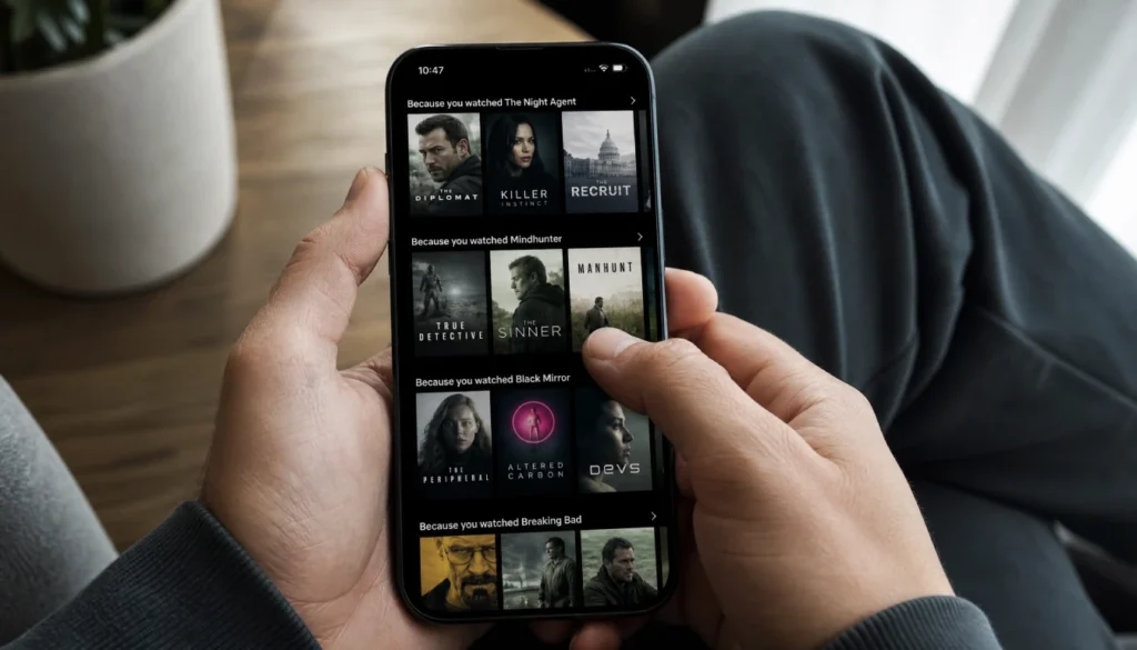 Close-up of hands holding a phone with a streaming app recommendation feed on screen