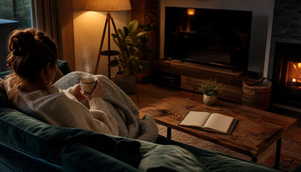 Person relaxing with a notebook and tea instead of scrolling through streaming apps
