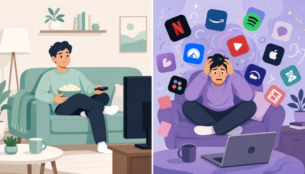 Illustration showing the emotional contrast of healthy viewing versus streaming fatigue