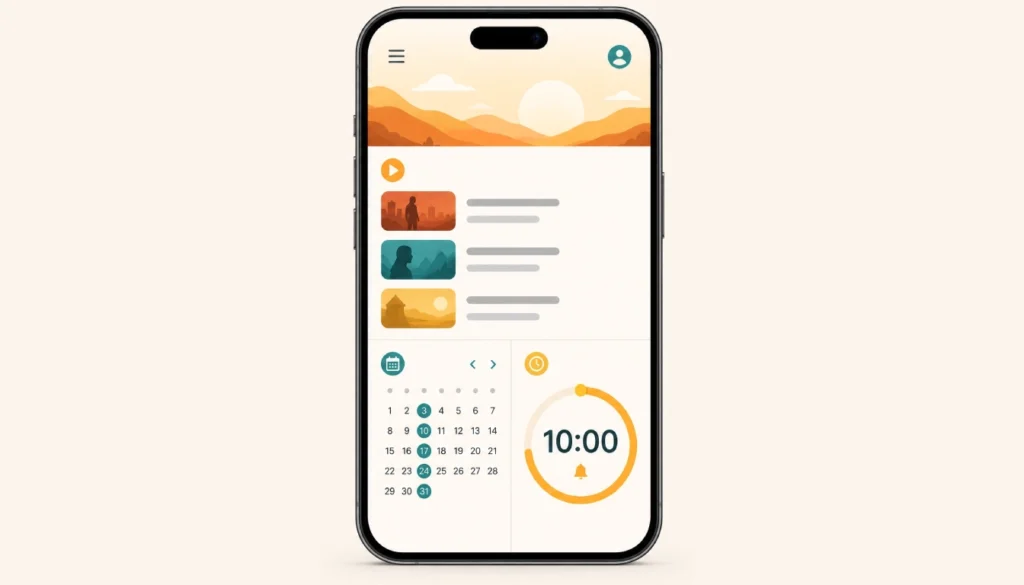 Smartphone displaying a minimalist streaming decision tool with a watchlist, subscription rotation calendar, and a 10-minute timer