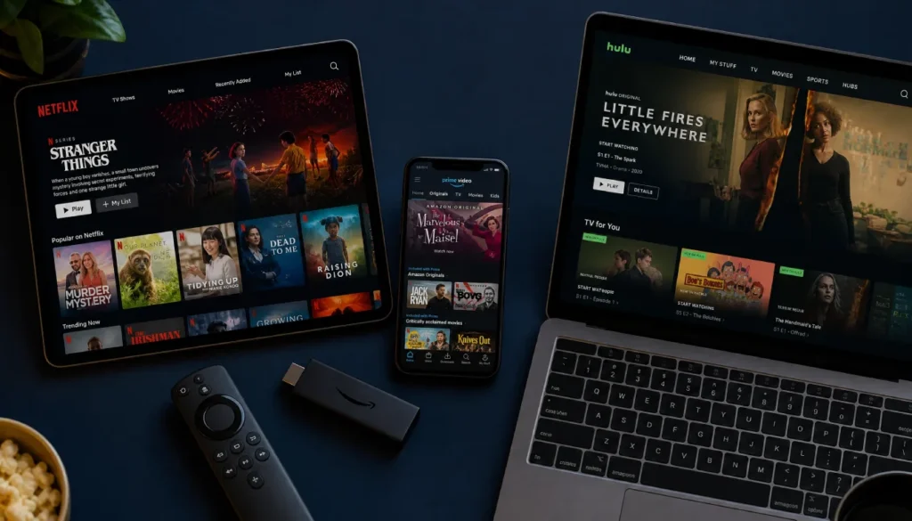 Multiple devices showing different streaming platforms including Netflix, Hulu, and Amazon Prime Video