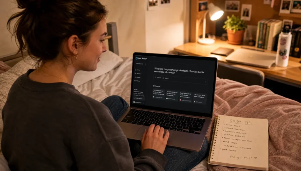 College student happily using a no-signup AI research tool on their laptop in a dorm room