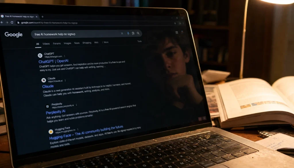 Student searching “free AI homework help no signup” on a laptop at home