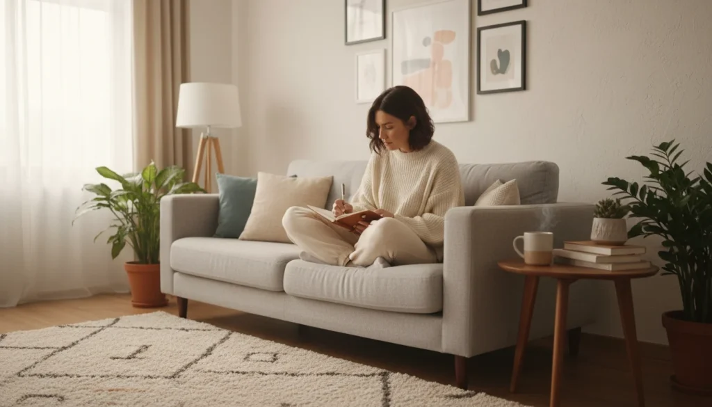 Woman writing in a journal on a cozy Sunday morning as part of her weekly reset routine