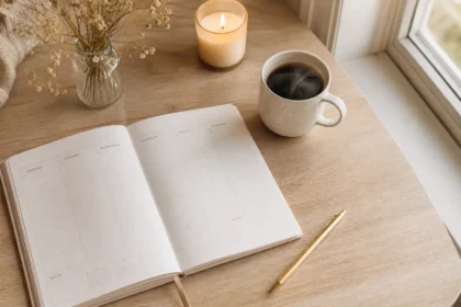 Open weekly planner on a wooden desk with a coffee mug and candle for a Sunday reset routine
