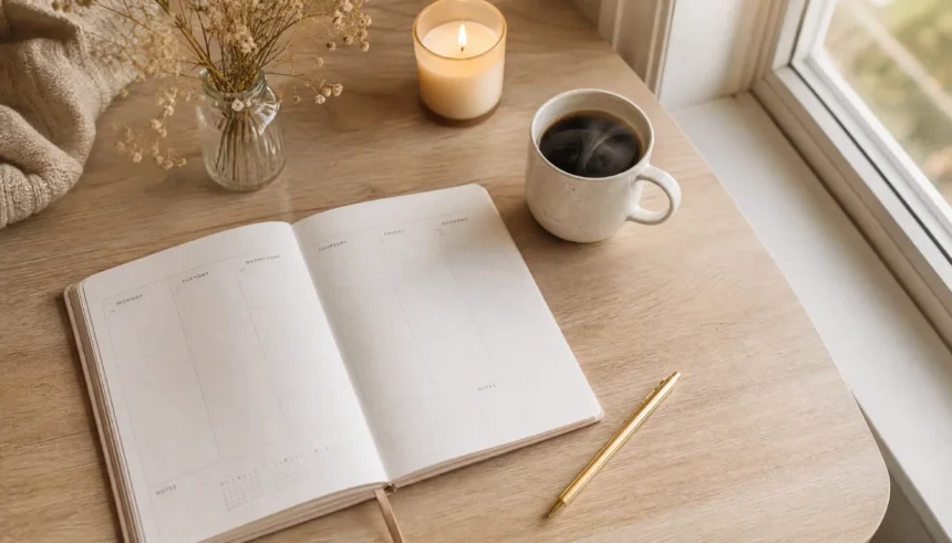 Open weekly planner on a wooden desk with a coffee mug and candle for a Sunday reset routine