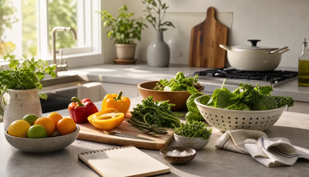 Fresh vegetables and a grocery list on a kitchen counter for Sunday meal prep and weekly reset