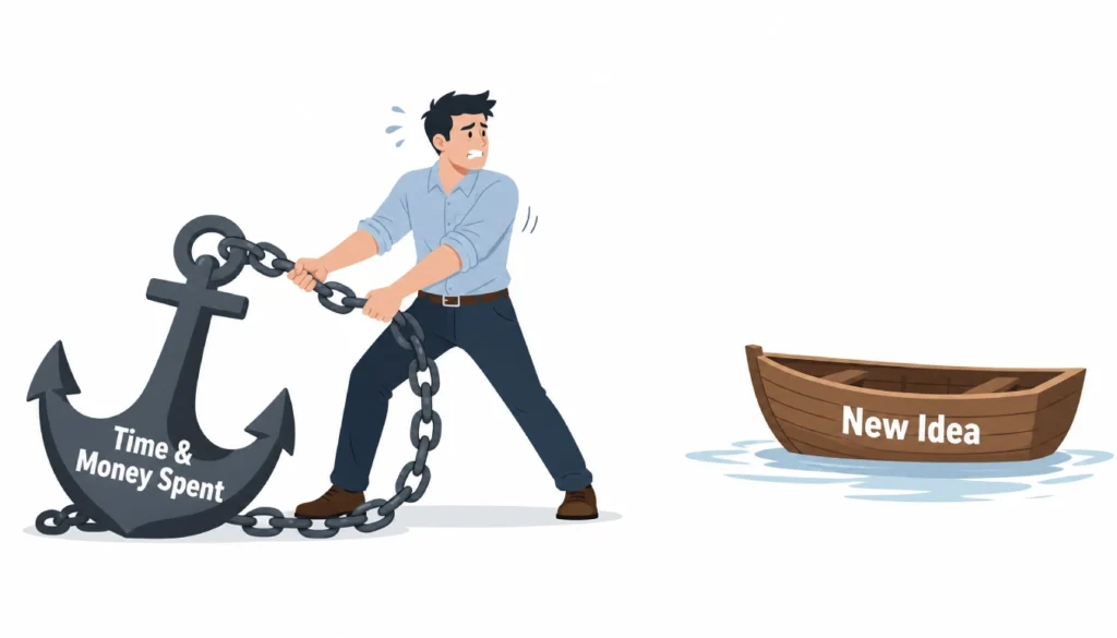 Person holding onto a heavy anchor of sunk costs while a new opportunity drifts nearby