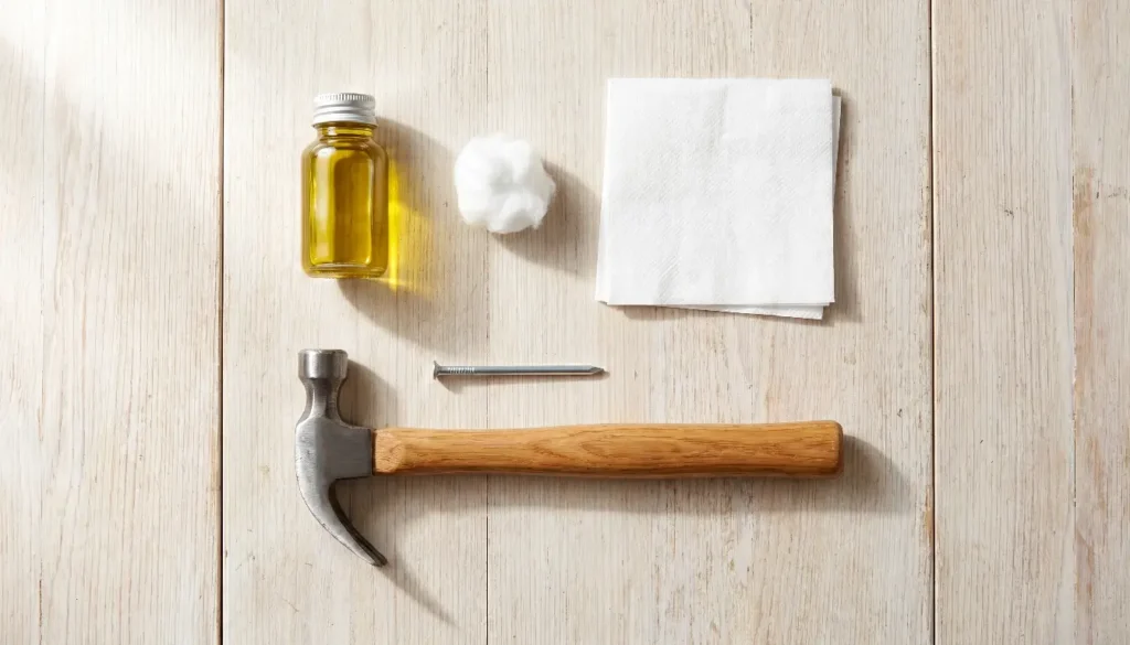 Flat lay of olive oil, cotton ball, paper towel, hammer, and nail for fixing a squeaky door hinge