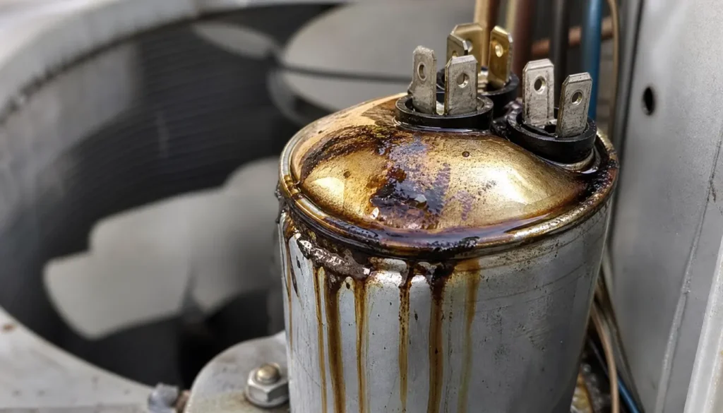 Swollen AC capacitor with oil leakage – a common sign of a bad capacitor that hums or buzzes