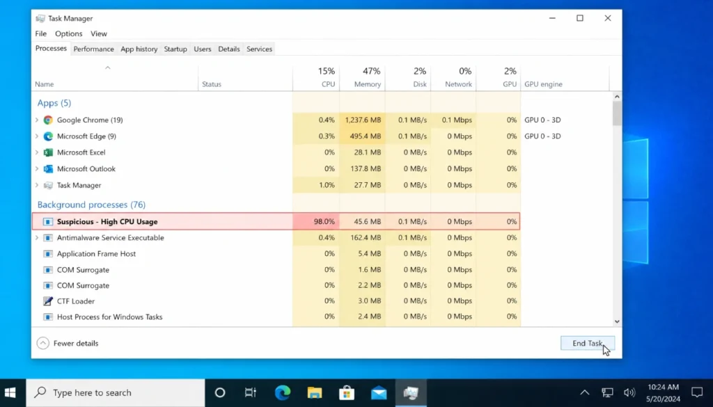 Task Manager showing a suspicious process with high CPU usage being ended