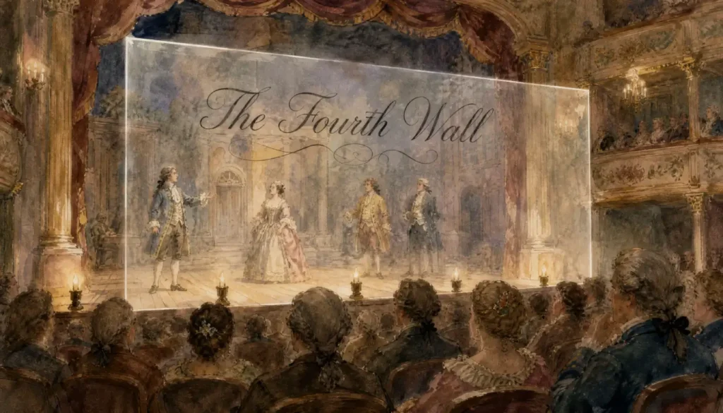 Illustration of an 18th-century theatre showing the invisible fourth wall between actors and audience