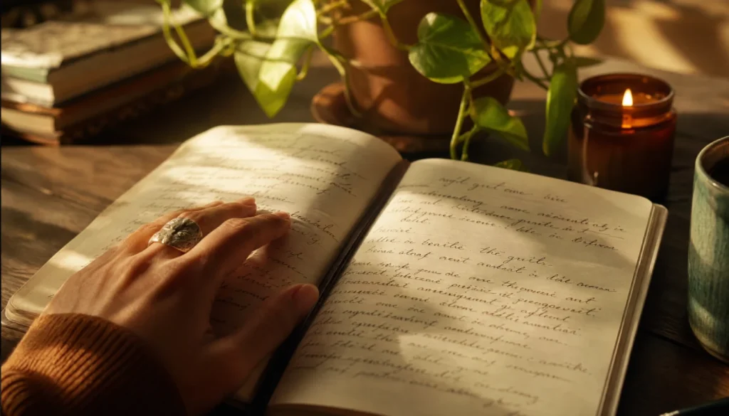 Open journal with personal handwriting showing expressive writing used as a therapeutic journaling technique for anxiety relief