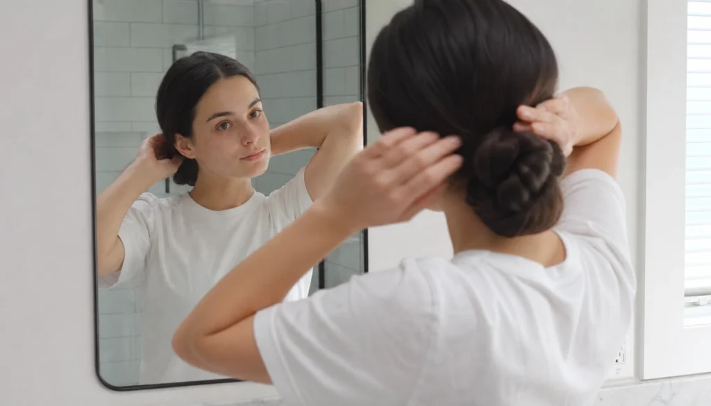 Woman with bare skin and no makeup twisting her hair into a low bun in a bathroom mirror, as part of a quick no-makeup morning routine.