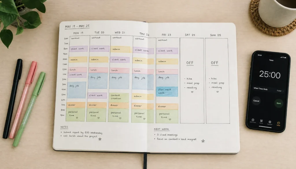 A weekly planner with time blocks mapped out for managing a side business alongside a full-time job.