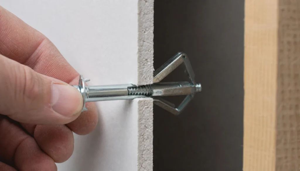 Toggle bolt being inserted into a drilled hole in drywall to hang a shelf without a stud finder