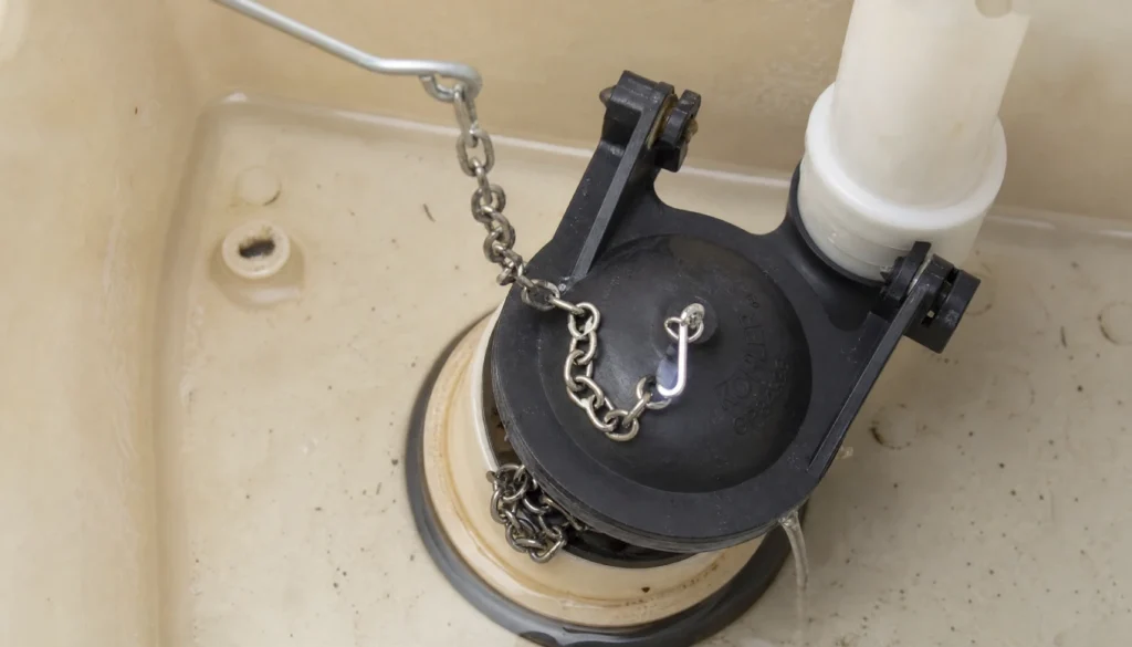 Toilet flapper chain with too much slack bunched under the flapper causing a slow water leak in the tank