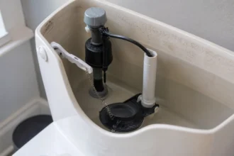 Inside view of a toilet tank showing a leaking rubber flapper and overflow tube causing the toilet to run every few minutes