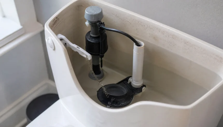 Inside view of a toilet tank showing a leaking rubber flapper and overflow tube causing the toilet to run every few minutes