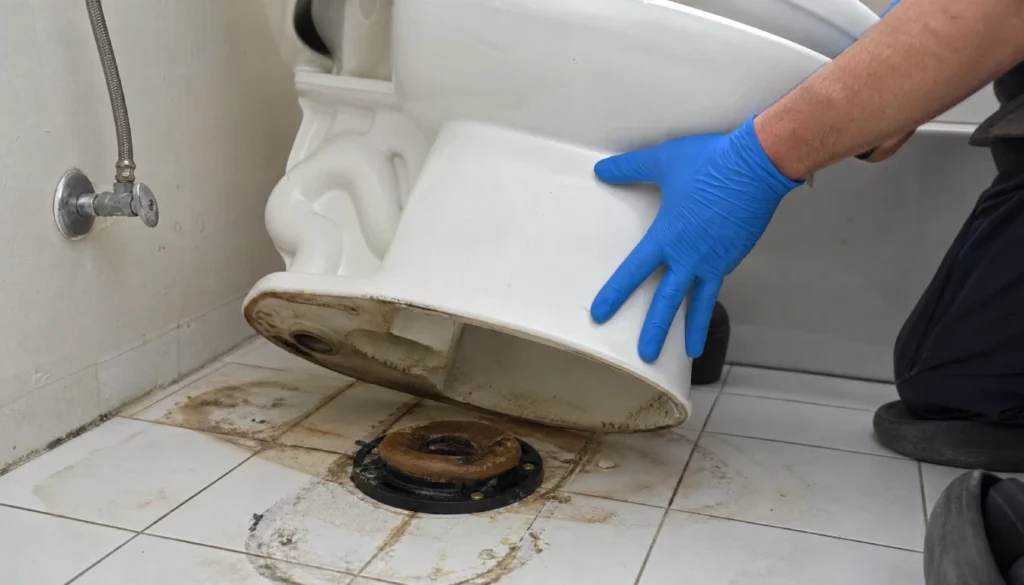 Old worn toilet wax ring on bathroom floor flange causing sewer gas leak