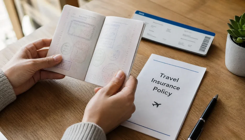 Open passport and travel insurance policy document on a wooden table with a pen