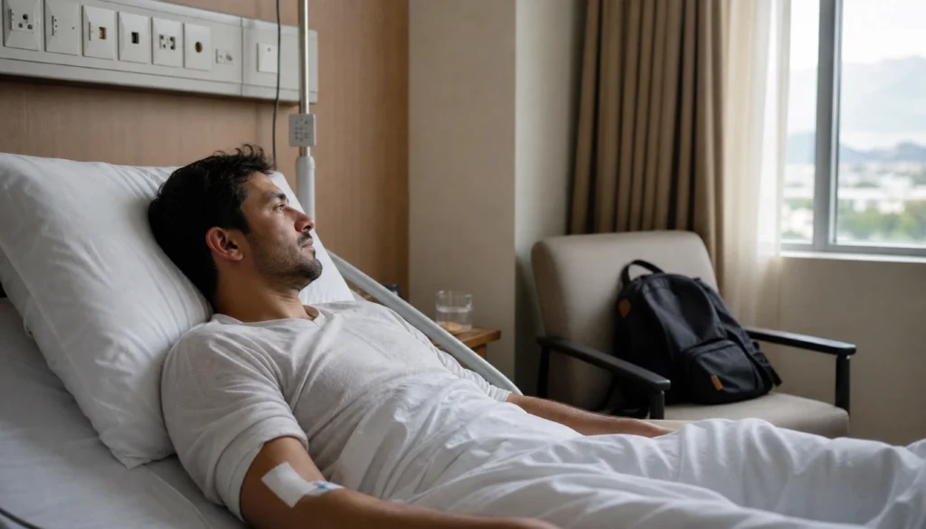 Traveler recovering in a hospital bed abroad with his backpack beside him after a medical emergency