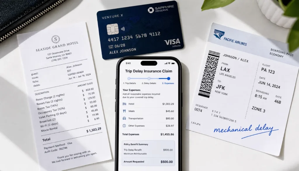 Travel credit card next to a hotel receipt and boarding pass for filing a trip delay insurance claim after an overnight flight delay