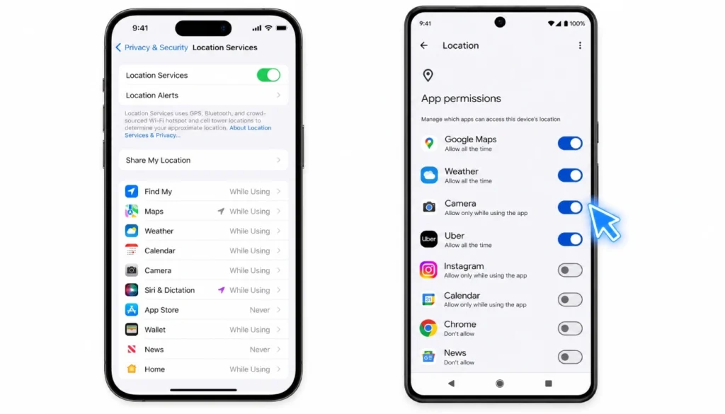 iPhone and Android location settings menus showing how to turn off app location access