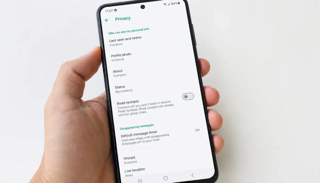 WhatsApp Privacy settings screen showing the Read Receipts toggle switched off