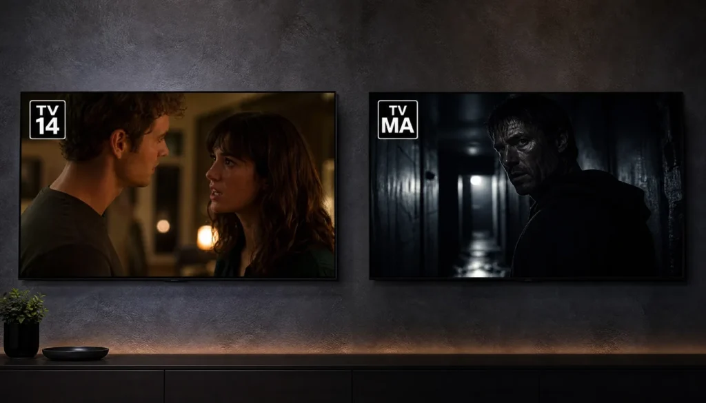 Side-by-side comparison of TV-14 and TV-MA rating badges on two separate television screens