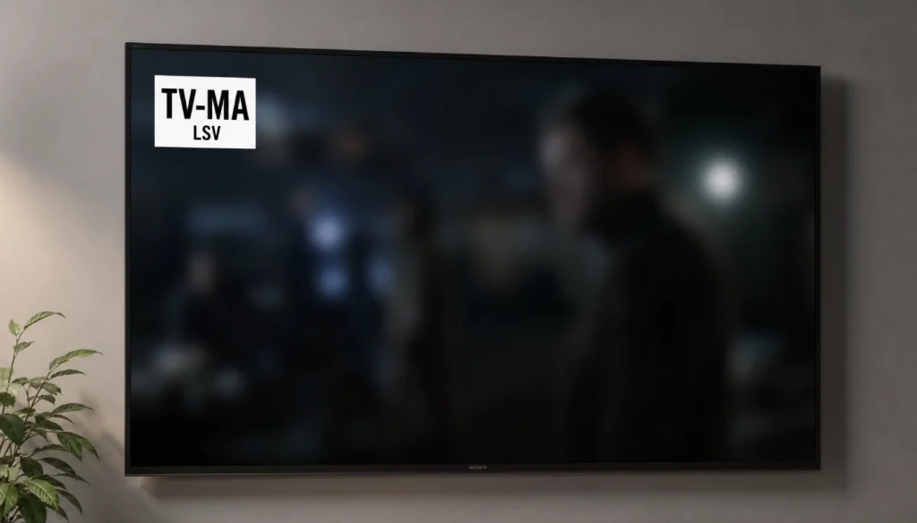 TV-MA LSV content rating icon displayed in the corner of a flatscreen television screen