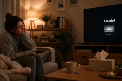 Disappointed viewer sitting on a couch staring at a TV screen that shows a season 1 show cancellation notice.
