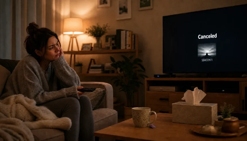 Disappointed viewer sitting on a couch staring at a TV screen that shows a season 1 show cancellation notice.